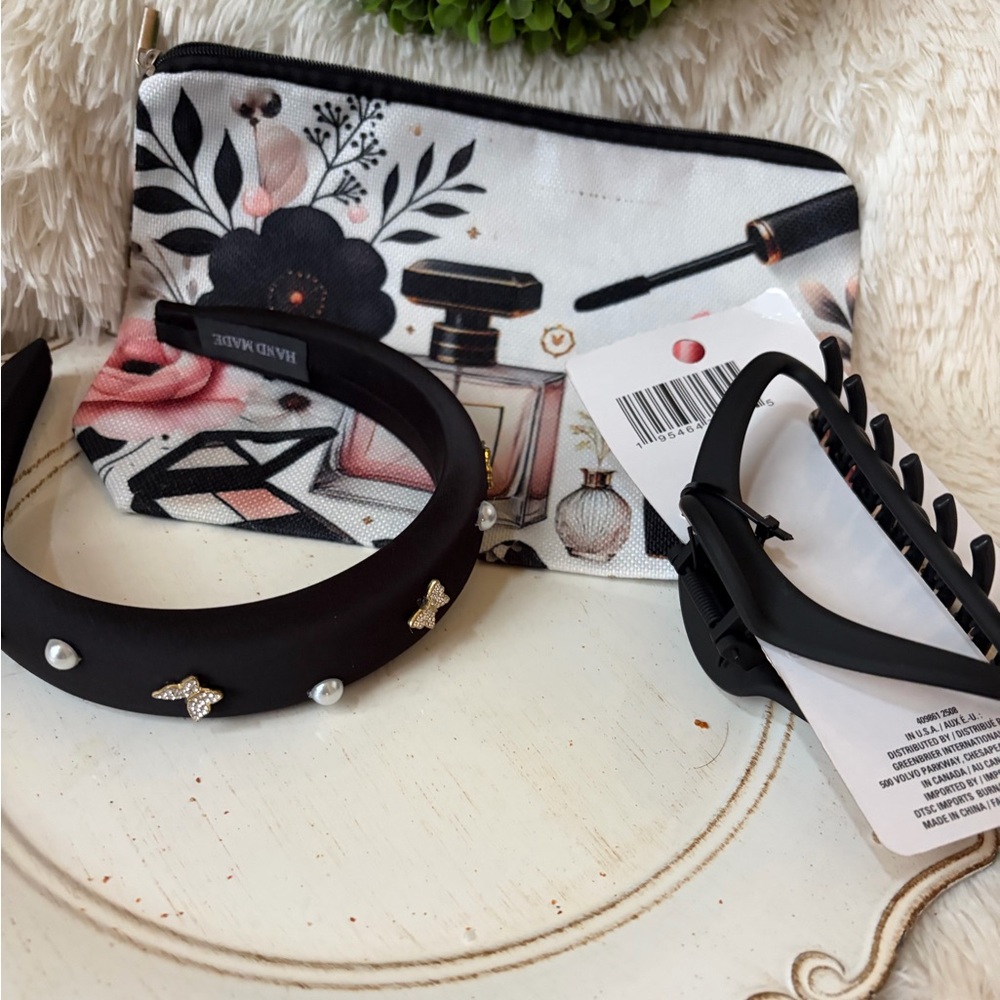 Accessory bundle- embellished hair accessories and makeup bag and purse charm